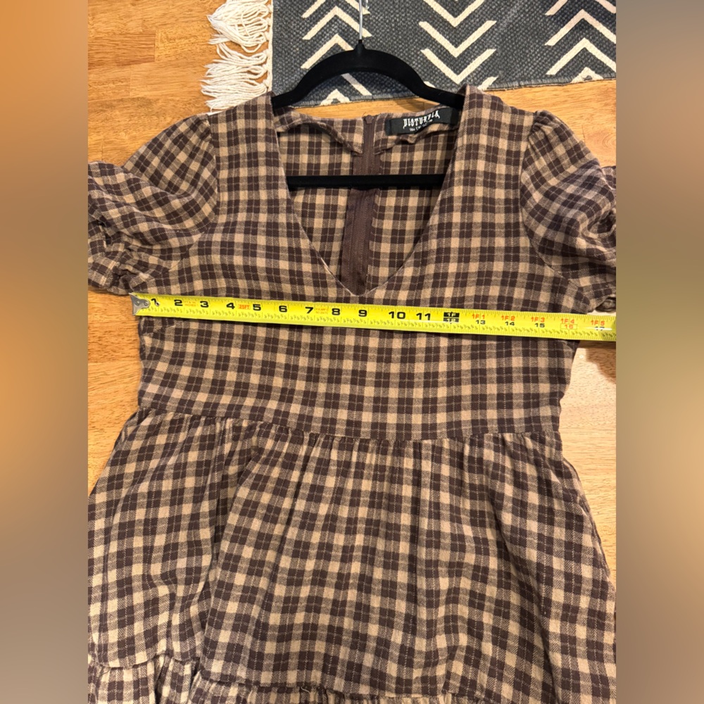 Disturbia- Brown Plaid V-Neck Tiered Short Dress - Picture 7 of 8